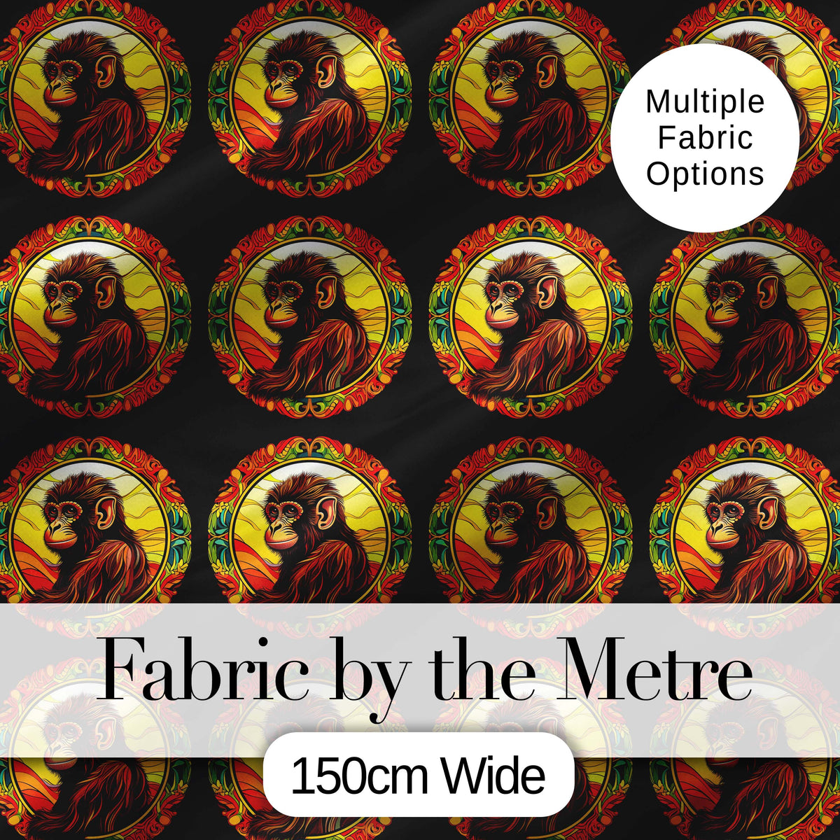 Psychedelic Colourful Monkey Portrait in Circular Frame on Black Background Digital Print Fabric by the Metre UK Sewing Quilting Textile