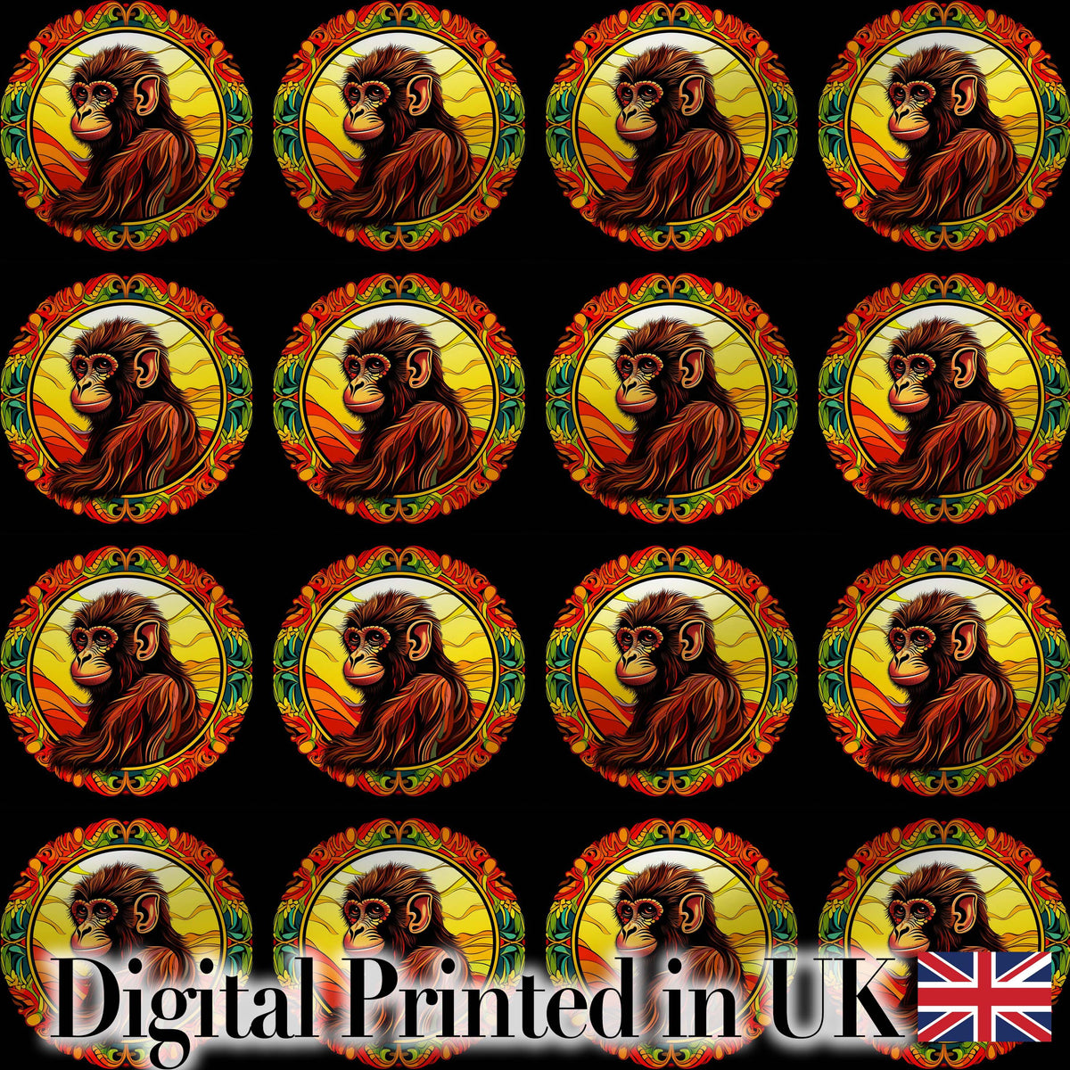 Psychedelic Colourful Monkey Portrait in Circular Frame on Black Background Digital Print Fabric by the Metre UK Sewing Quilting Textile
