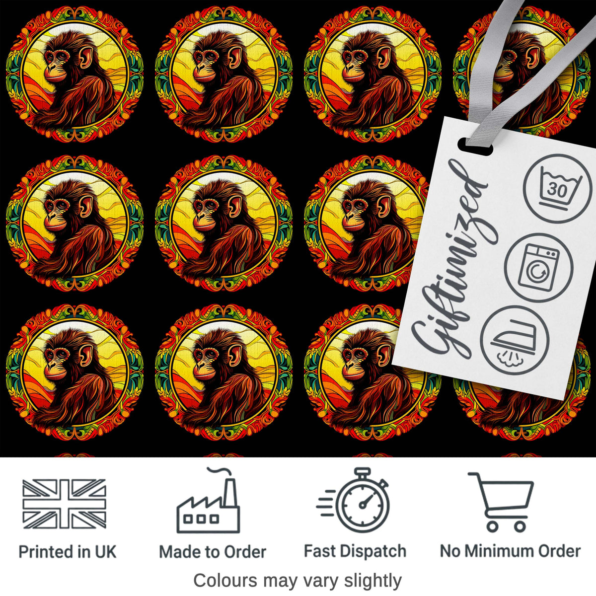 Psychedelic Colourful Monkey Portrait in Circular Frame on Black Background Digital Print Fabric by the Metre UK Sewing Quilting Textile