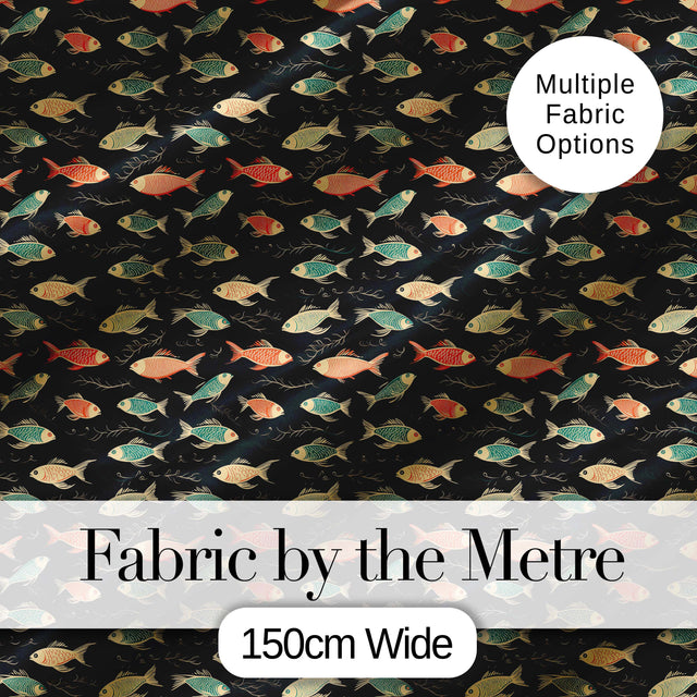 Dark Ocean Fish Pattern with Botanical Seaweed Details on Black Digital Print Fabric by the Metre UK Sewing Quilting Textile