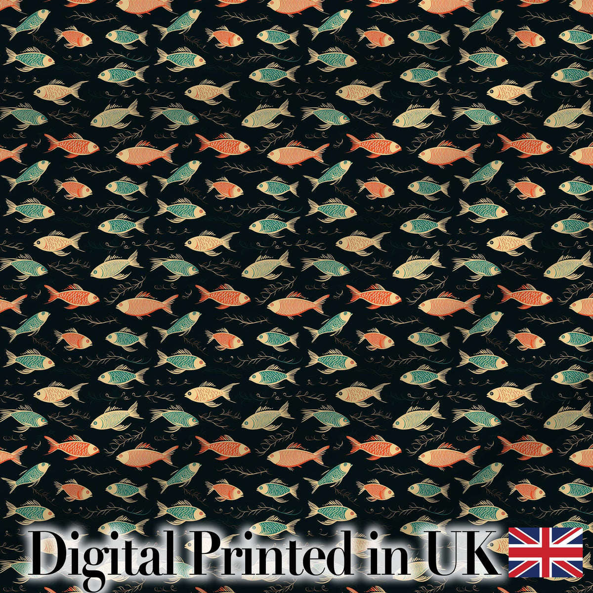 Dark Ocean Fish Pattern with Botanical Seaweed Details on Black Digital Print Fabric by the Metre UK Sewing Quilting Textile