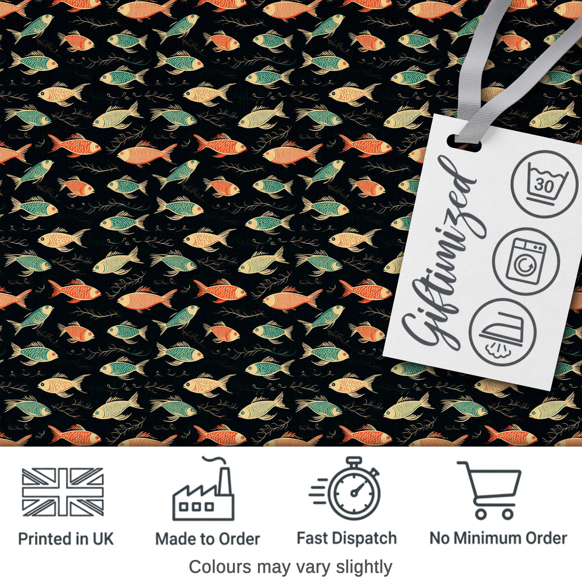 Dark Ocean Fish Pattern with Botanical Seaweed Details on Black Digital Print Fabric by the Metre UK Sewing Quilting Textile
