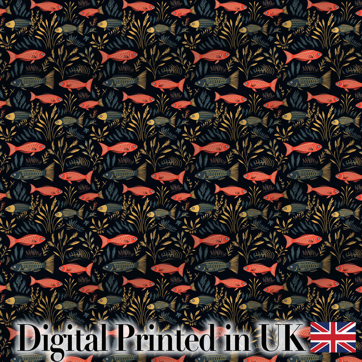 Underwater Garden Fish Pattern with Lush Sea Plants on Deep Blue Digital Print Fabric by the Metre UK Sewing Quilting Textile