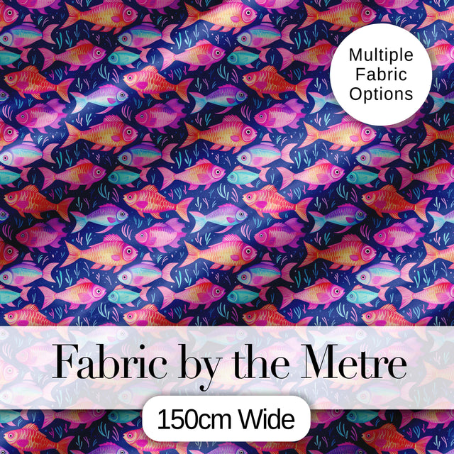Whimsical Coral and Mint Fish with Seaweed Pattern on Deep Navy Background Digital Print Fabric by the Metre UK Sewing Quilting Textile