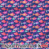 Whimsical Coral and Mint Fish with Seaweed Pattern on Deep Navy Background Digital Print Fabric by the Metre UK Sewing Quilting Textile