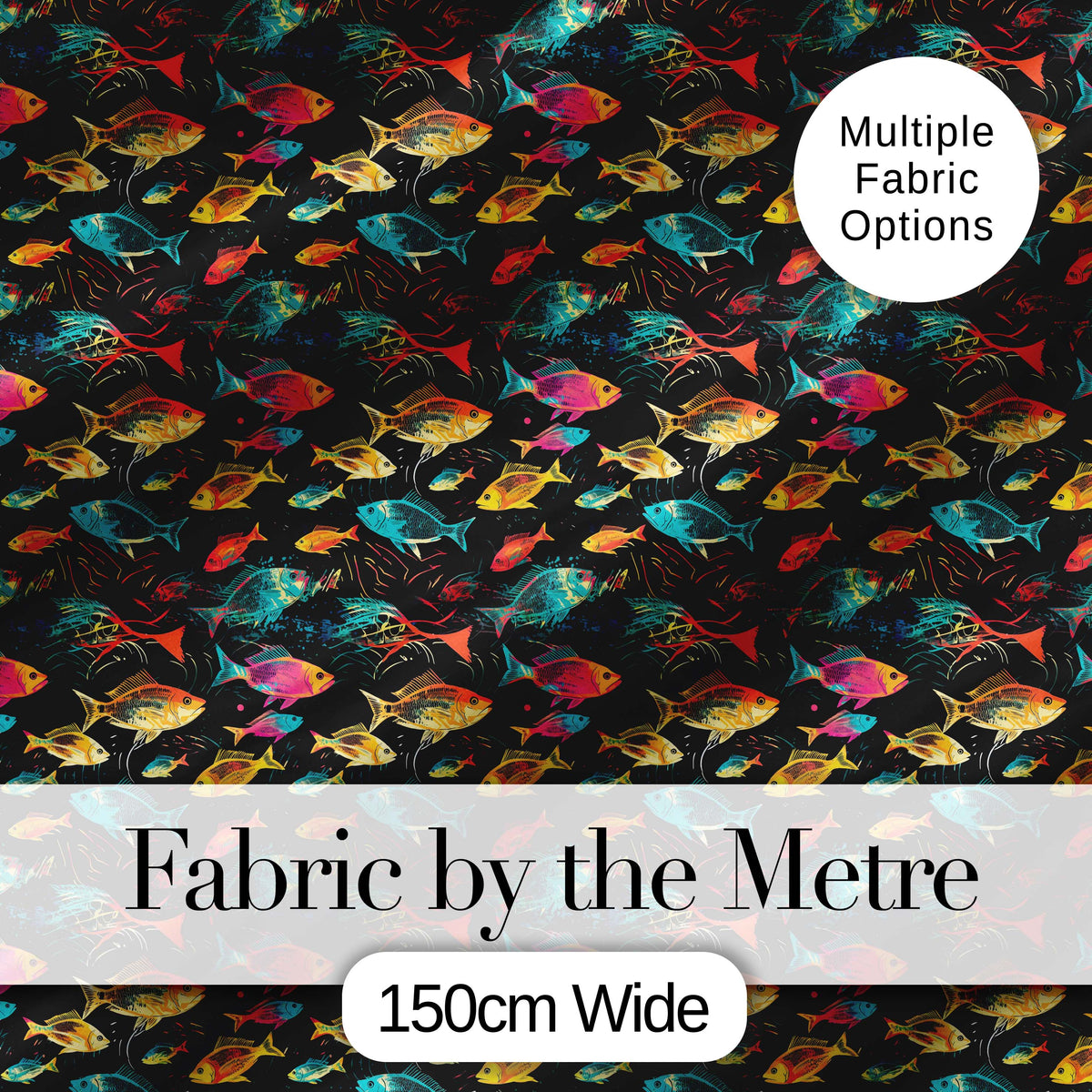 Bright Neon Tropical Fish Swim Pattern on Dark Ocean Background Digital Print Fabric by the Metre UK Sewing Quilting Textile