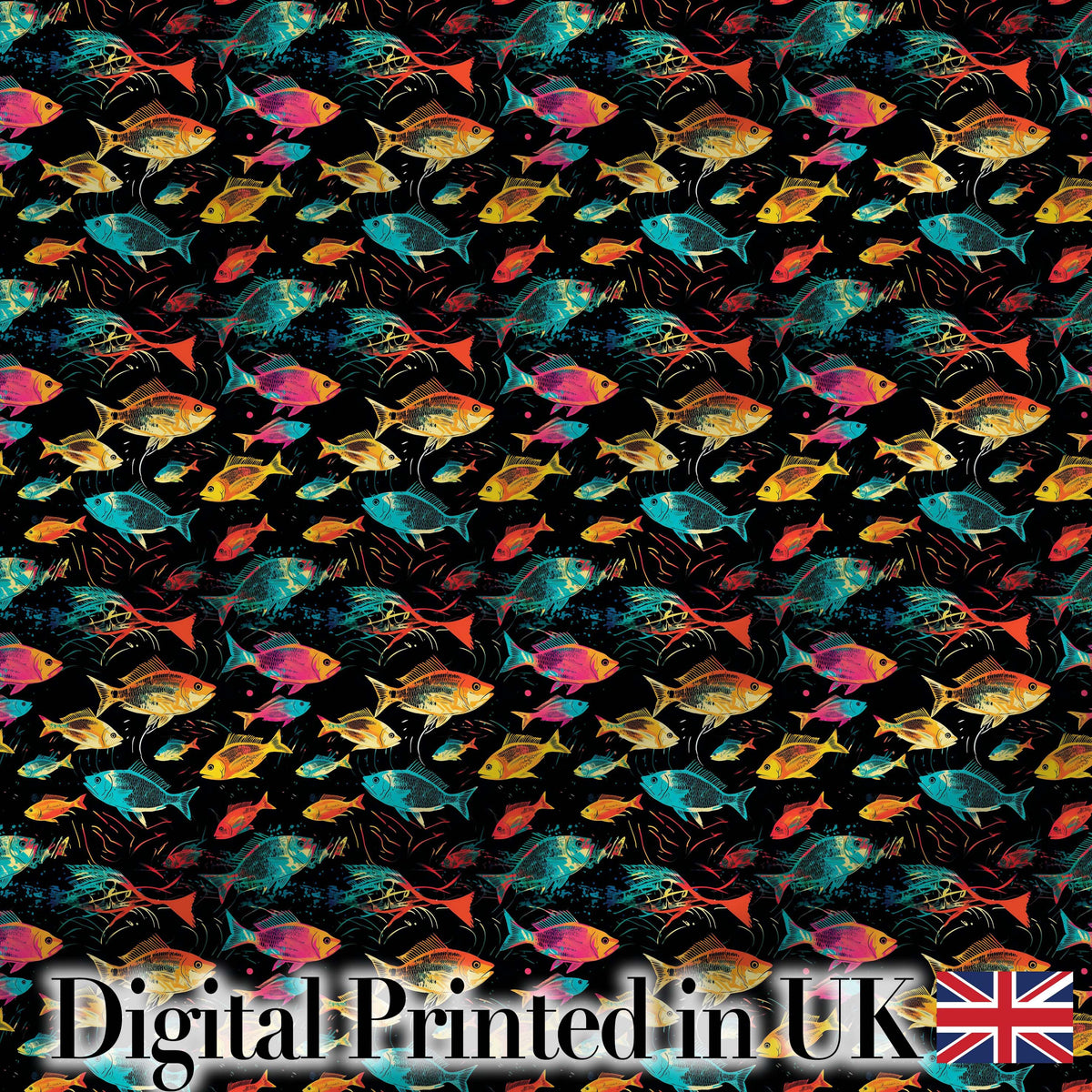 Bright Neon Tropical Fish Swim Pattern on Dark Ocean Background Digital Print Fabric by the Metre UK Sewing Quilting Textile