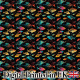 Bright Neon Tropical Fish Swim Pattern on Dark Ocean Background Digital Print Fabric by the Metre UK Sewing Quilting Textile