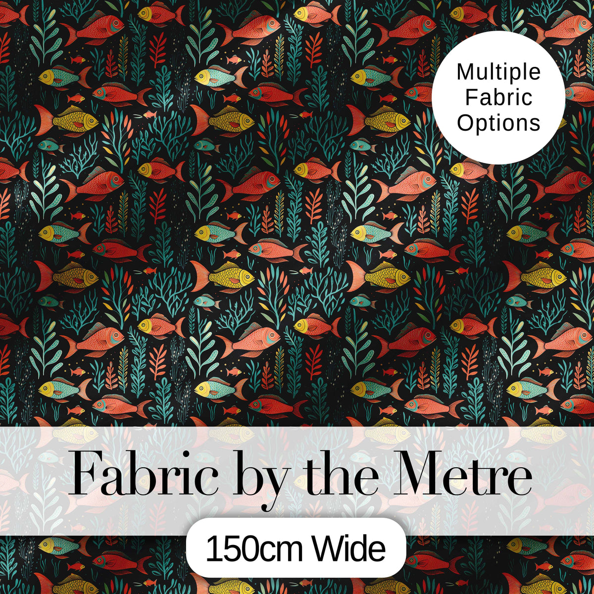 Elegant Flowing Goldfish with Ornate Fins on Black Background Digital Print Fabric by the Metre UK Sewing Quilting Textile
