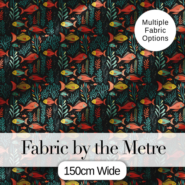 Elegant Flowing Goldfish with Ornate Fins on Black Background Digital Print Fabric by the Metre UK Sewing Quilting Textile