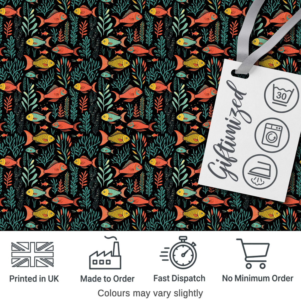 Elegant Flowing Goldfish with Ornate Fins on Black Background Digital Print Fabric by the Metre UK Sewing Quilting Textile