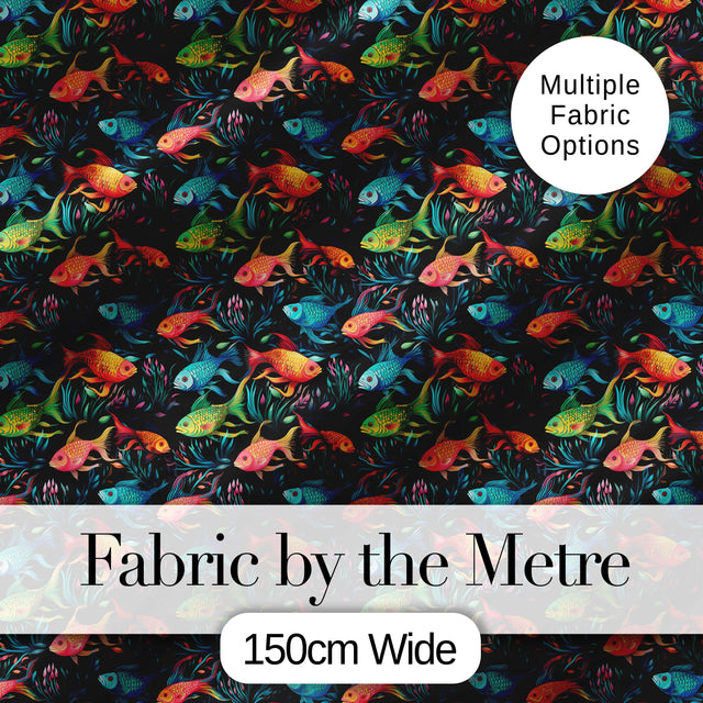 Vibrant Fish Underwater Scene on Dark Reef Background Digital Print Fabric by the Metre UK Sewing Quilting Textile
