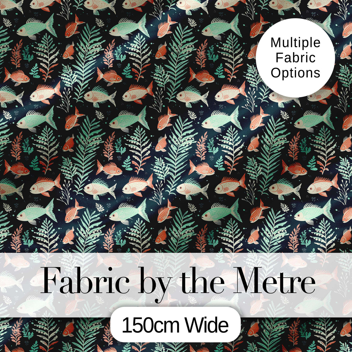 Cute Coral and Mint Fish with Seaweed Ocean Seamless Pattern Digital Print Fabric by the Metre UK Sewing Quilting Textile