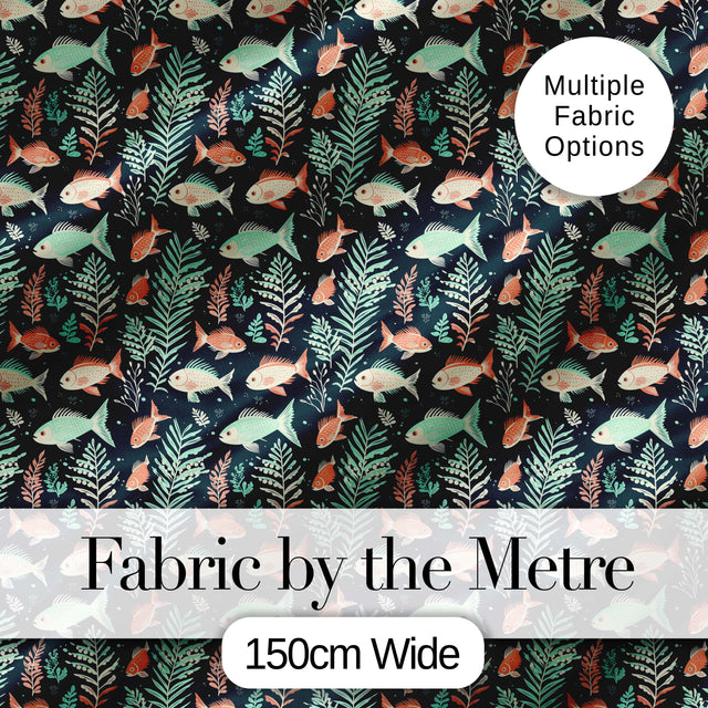 Cute Coral and Mint Fish with Seaweed Ocean Seamless Pattern Digital Print Fabric by the Metre UK Sewing Quilting Textile