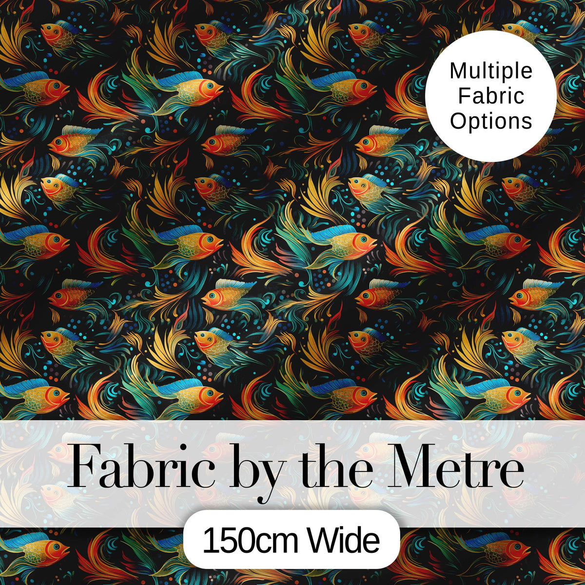 Vibrant Goldfish with Flowing Fins on Dark Aquatic Background Seamless Pattern Digital Print Fabric by the Metre UK Sewing Quilting Textile