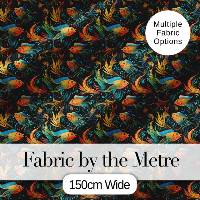 Vibrant Goldfish with Flowing Fins on Dark Aquatic Background Seamless Pattern Digital Print Fabric by the Metre UK Sewing Quilting Textile