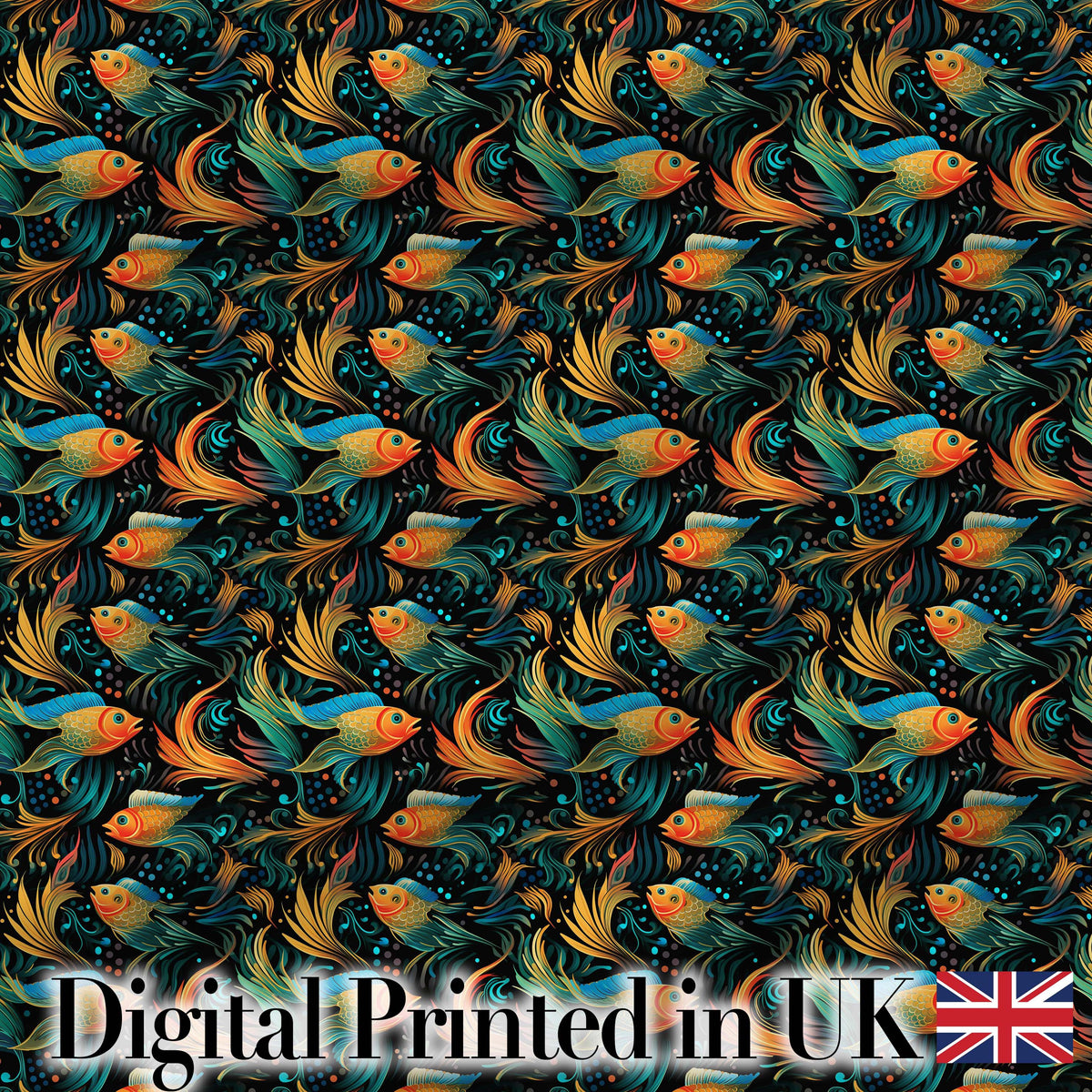 Vibrant Goldfish with Flowing Fins on Dark Aquatic Background Seamless Pattern Digital Print Fabric by the Metre UK Sewing Quilting Textile