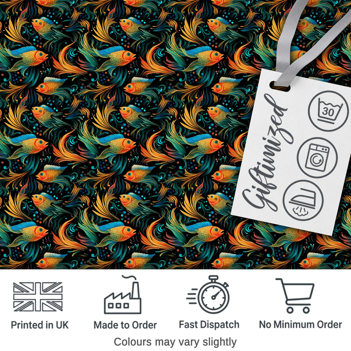 Vibrant Goldfish with Flowing Fins on Dark Aquatic Background Seamless Pattern Digital Print Fabric by the Metre UK Sewing Quilting Textile
