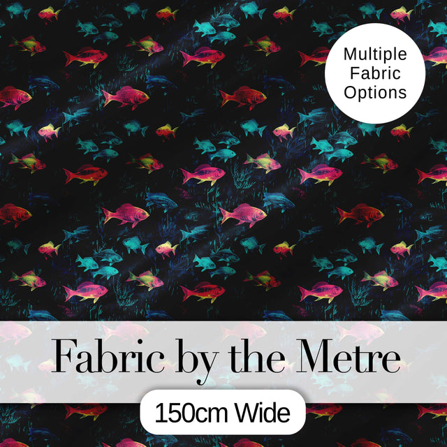 Neon Pink and Blue Fish in Deep Sea Background Seamless Pattern Digital Print Fabric by the Metre UK Sewing Quilting Textile