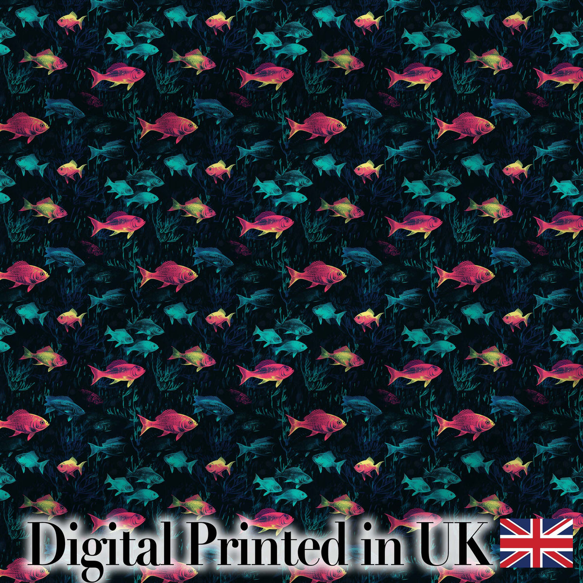 Neon Pink and Blue Fish in Deep Sea Background Seamless Pattern Digital Print Fabric by the Metre UK Sewing Quilting Textile