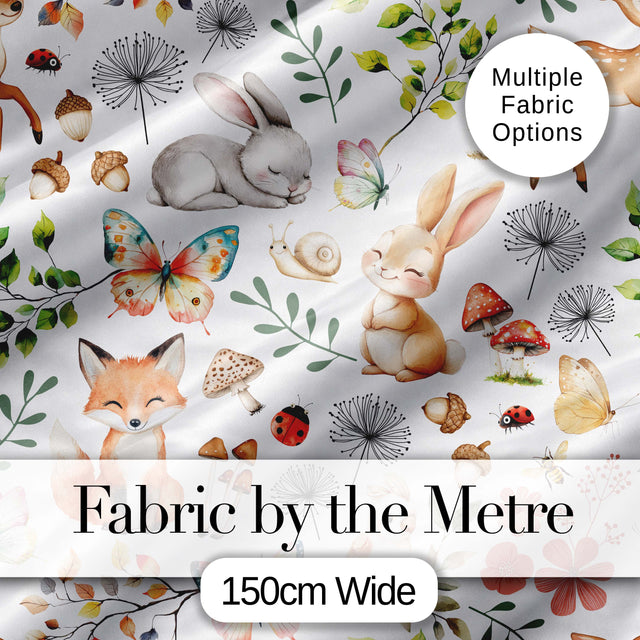 Watercolour Woodland Animals with Bunny Fox and Butterflies Pattern Digital Print Fabric by the Metre UK Sewing Quilting Textile