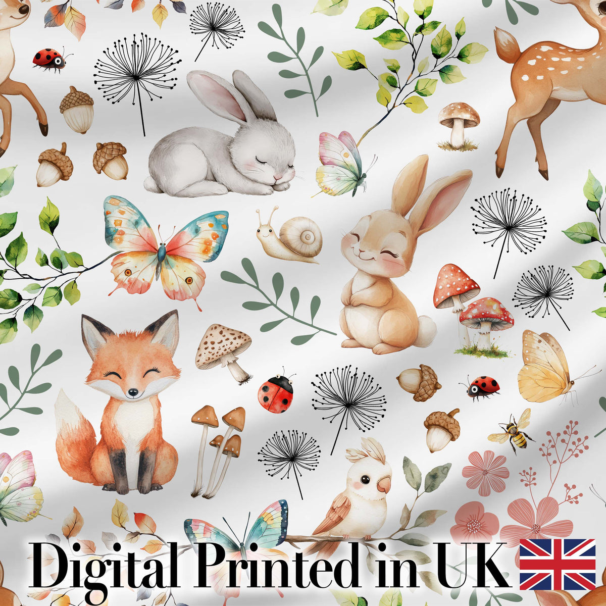 Watercolour Woodland Animals with Bunny Fox and Butterflies Pattern Digital Print Fabric by the Metre UK Sewing Quilting Textile
