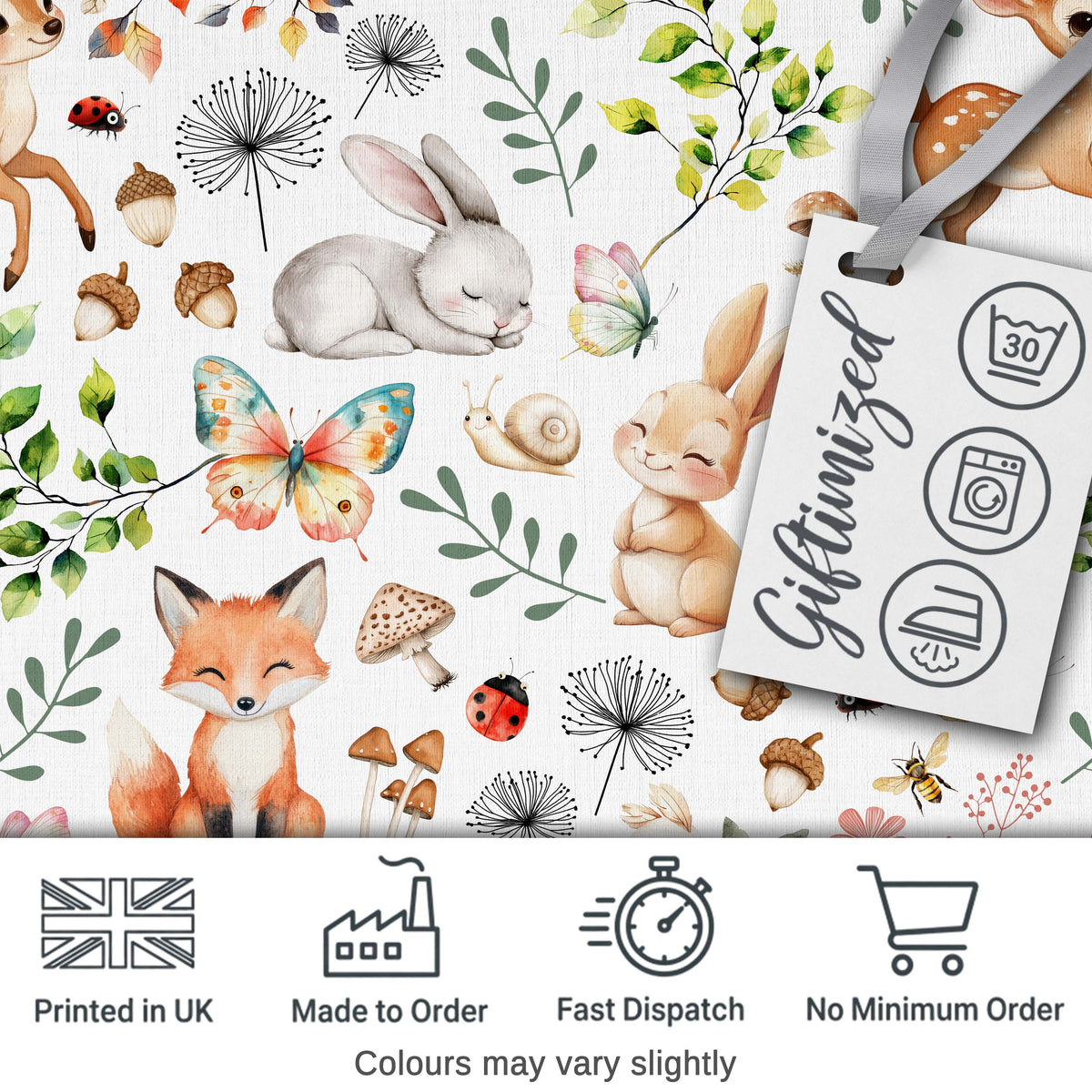 Watercolour Woodland Animals with Bunny Fox and Butterflies Pattern Digital Print Fabric by the Metre UK Sewing Quilting Textile