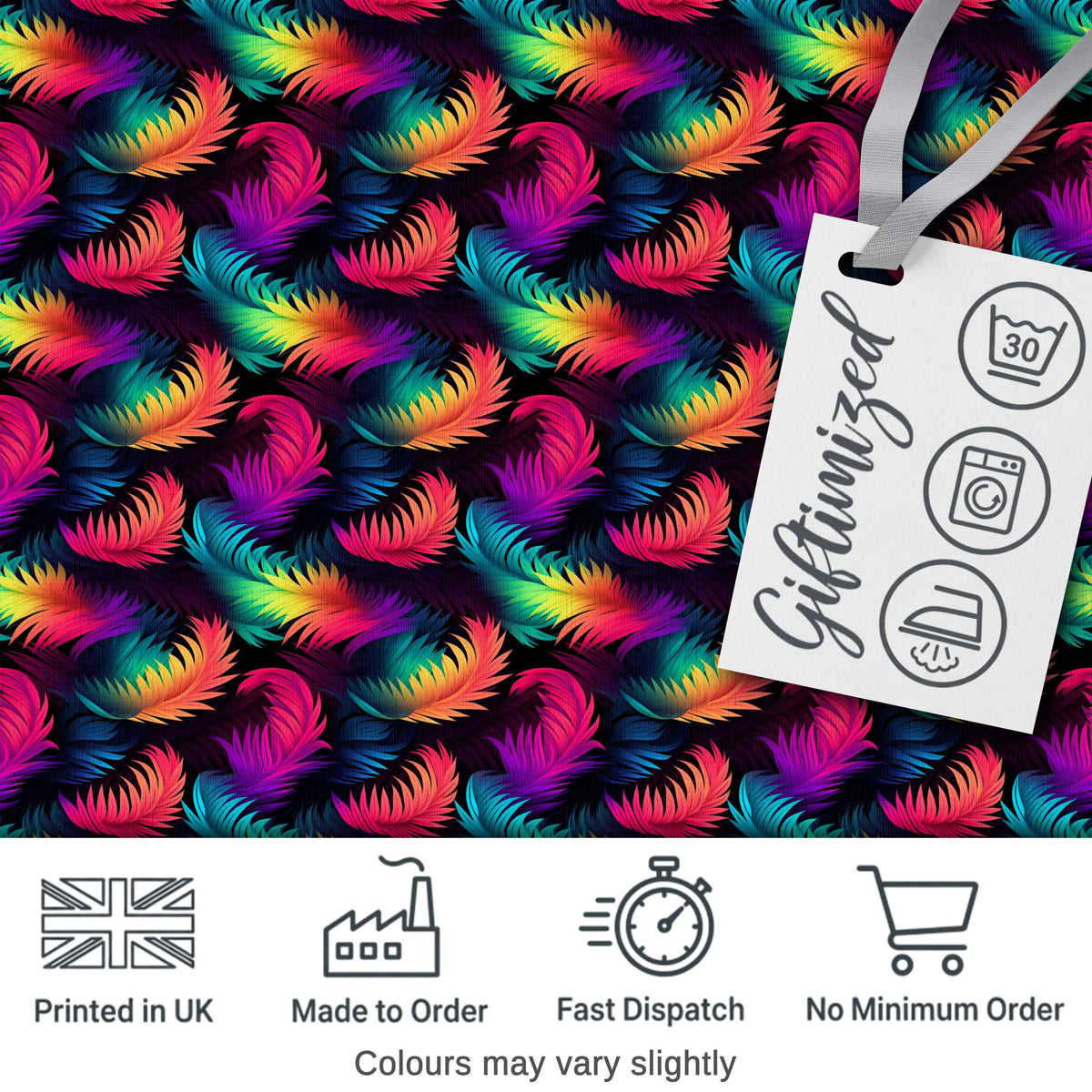 Vibrant Rainbow Feather Pattern on Black Background Seamless Colorful Digital Print Fabric by the Metre UK Sewing Quilting Textile