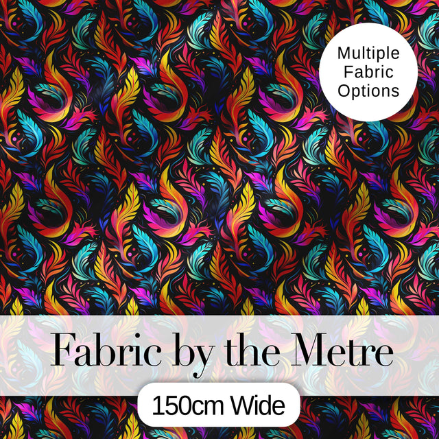 Colorful Tropical Feather Leaves on Black Background Seamless Exotic Pattern Digital Print Fabric by the Metre UK Sewing Quilting Textile
