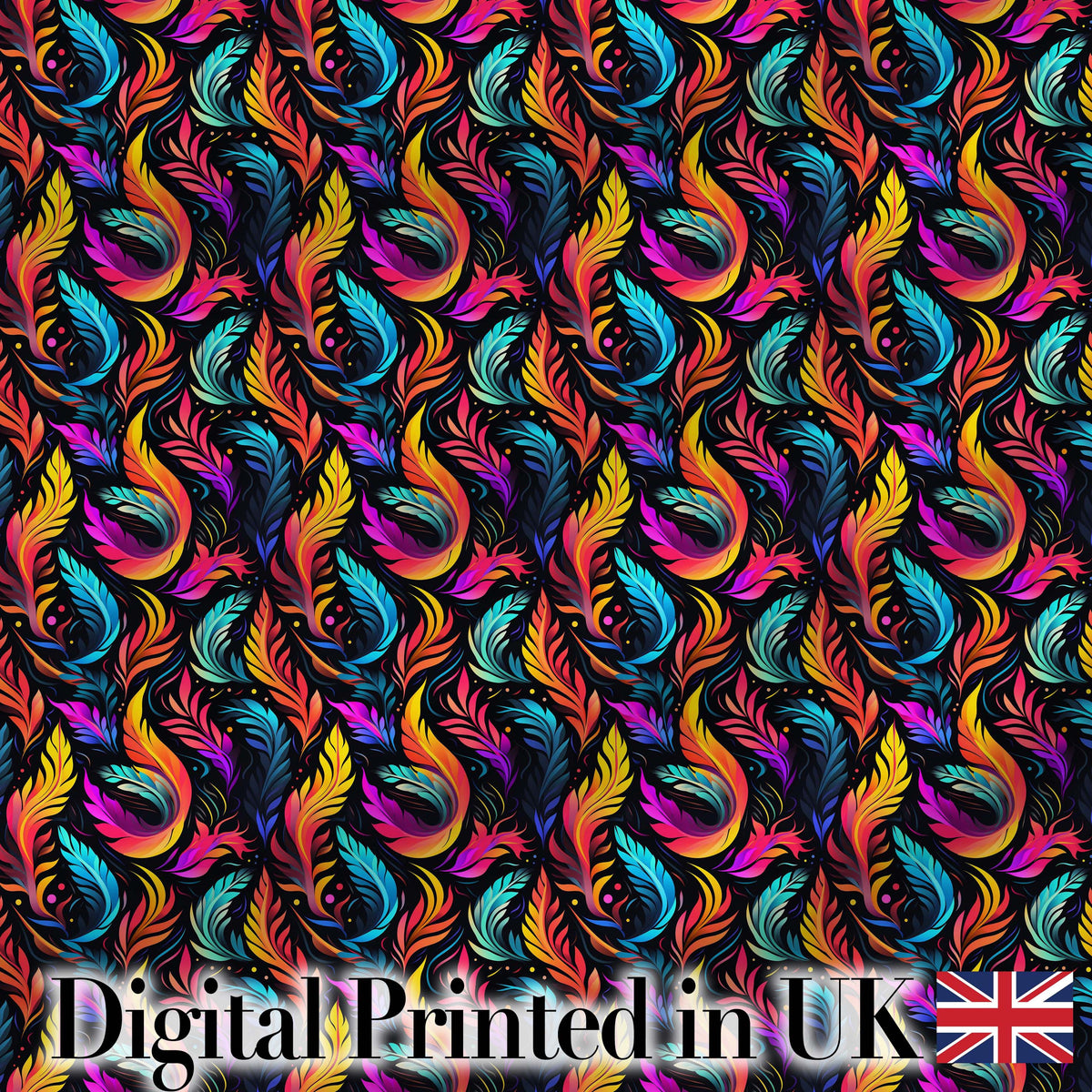 Colorful Tropical Feather Leaves on Black Background Seamless Exotic Pattern Digital Print Fabric by the Metre UK Sewing Quilting Textile