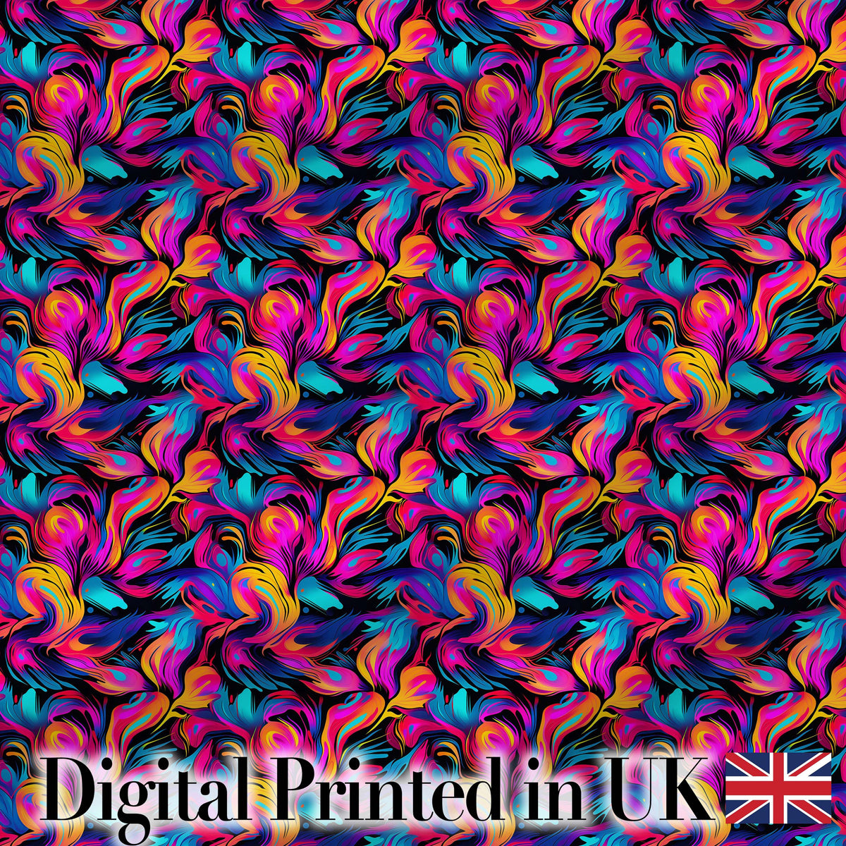 Abstract Fluid Paint Swirl Neon Colors on Dark Background Seamless Pattern Digital Print Fabric by the Metre UK Sewing Quilting Textile