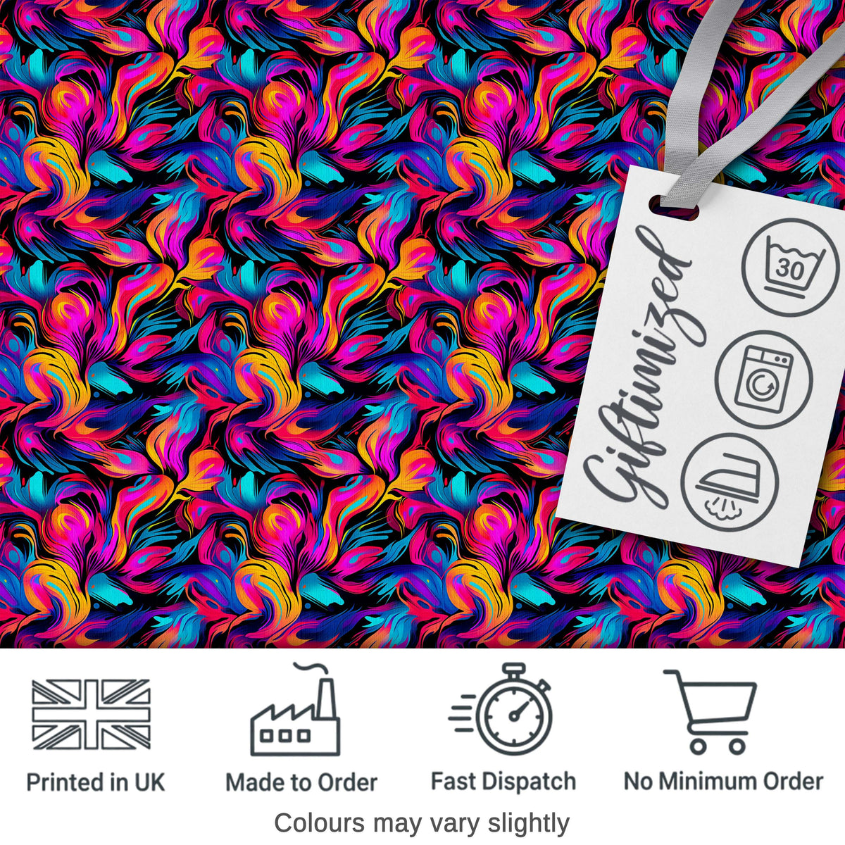 Abstract Fluid Paint Swirl Neon Colors on Dark Background Seamless Pattern Digital Print Fabric by the Metre UK Sewing Quilting Textile