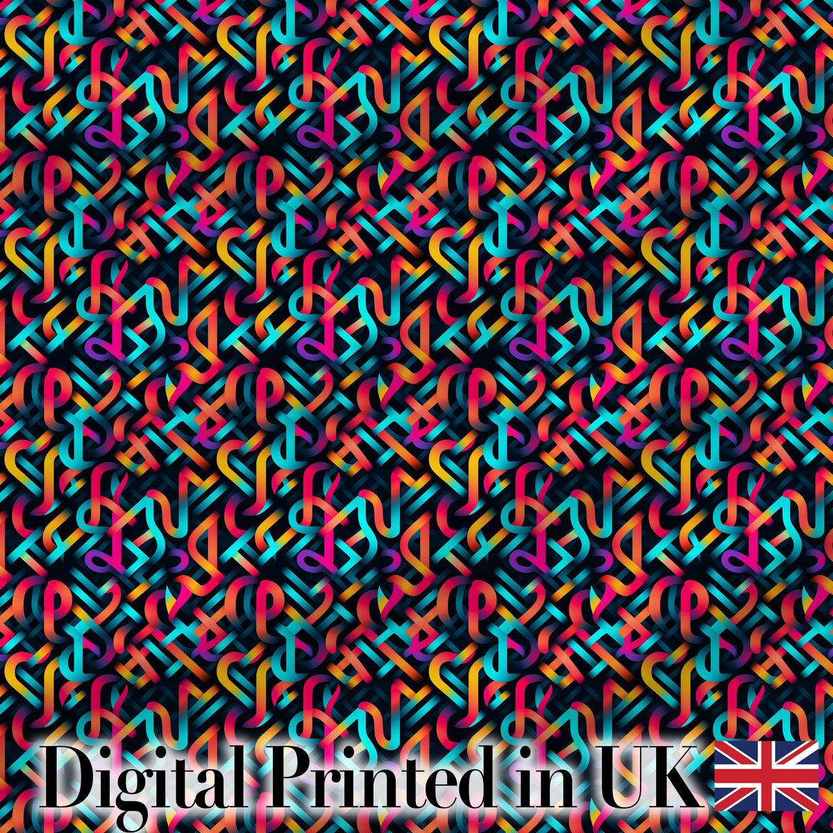Geometric Neon Interlocking Shapes Pattern on Dark Background Seamless Digital Print Fabric by the Metre UK Sewing Quilting Textile