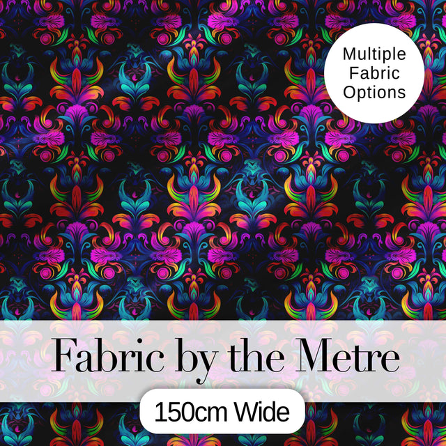 Vibrant Neon Baroque Floral Damask Seamless Pattern Digital Print Fabric by the Metre UK Sewing Quilting Textile