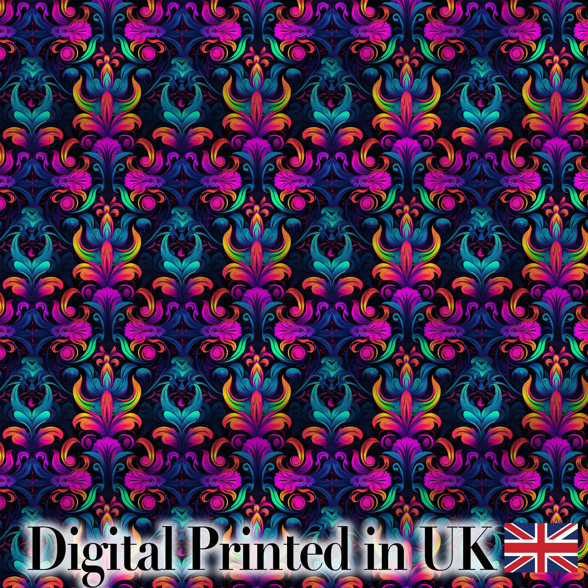 Vibrant Neon Baroque Floral Damask Seamless Pattern Digital Print Fabric by the Metre UK Sewing Quilting Textile