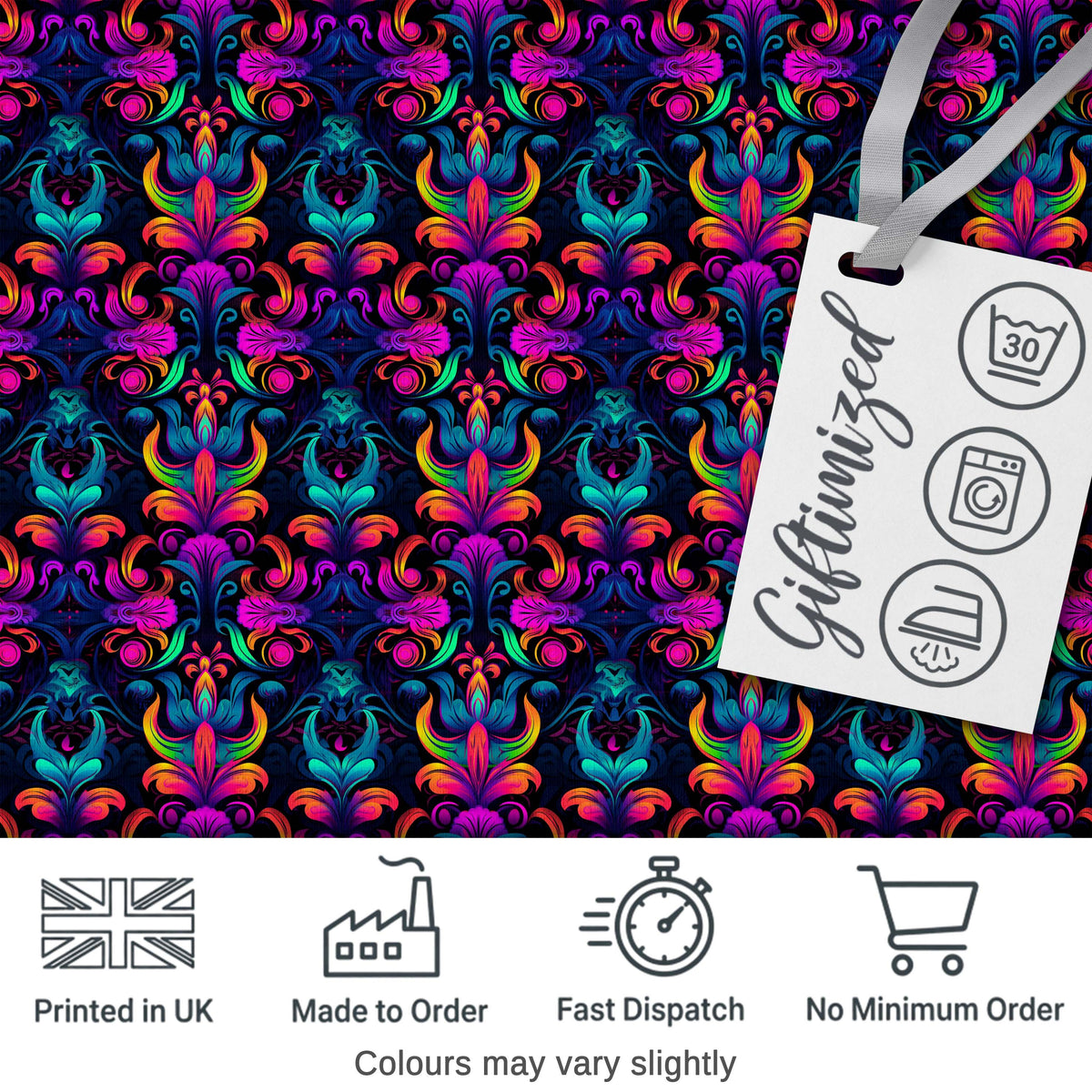 Vibrant Neon Baroque Floral Damask Seamless Pattern Digital Print Fabric by the Metre UK Sewing Quilting Textile