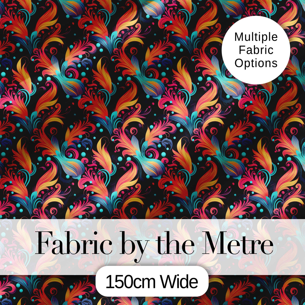 Colorful Abstract Feather Swirl Seamless Pattern on Dark Background Digital Print Fabric by the Metre UK Sewing Quilting Textile