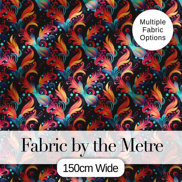 Colorful Abstract Feather Swirl Seamless Pattern on Dark Background Digital Print Fabric by the Metre UK Sewing Quilting Textile