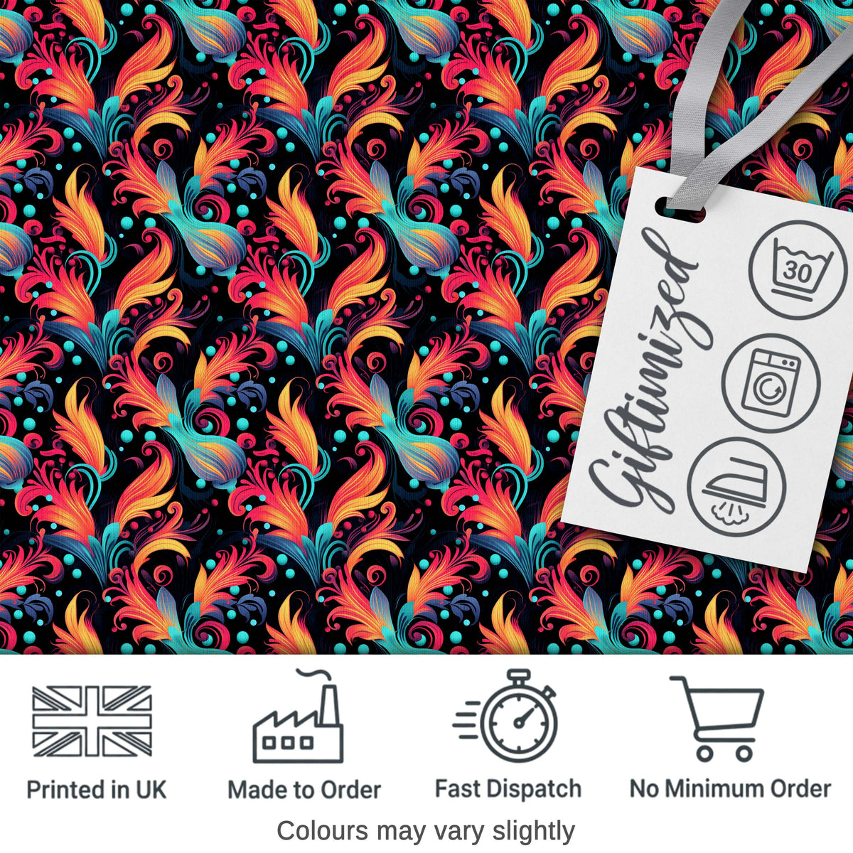 Colorful Abstract Feather Swirl Seamless Pattern on Dark Background Digital Print Fabric by the Metre UK Sewing Quilting Textile