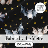 Cute Watercolor Bats and Stars Seamless Halloween Pattern Black Background Digital Print Fabric by the Metre UK Sewing Quilting Textile