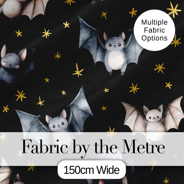 Cute Watercolor Bats and Stars Seamless Halloween Pattern Black Background Digital Print Fabric by the Metre UK Sewing Quilting Textile