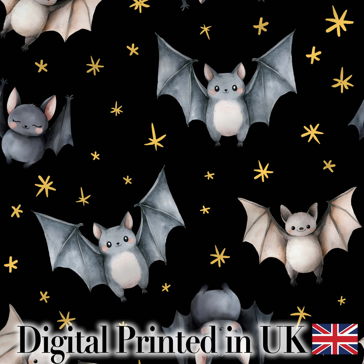 Cute Watercolor Bats and Stars Seamless Halloween Pattern Black Background Digital Print Fabric by the Metre UK Sewing Quilting Textile