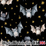 Cute Watercolor Bats and Stars Seamless Halloween Pattern Black Background Digital Print Fabric by the Metre UK Sewing Quilting Textile