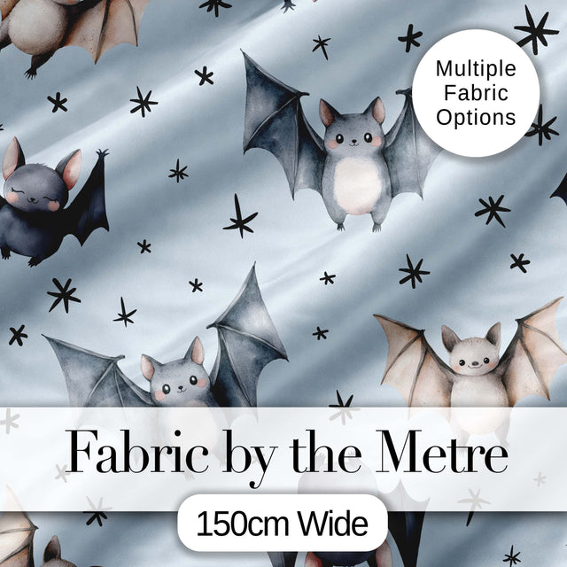 Cute Watercolor Bats and Stars Seamless Pattern Soft Blue Background Digital Print Fabric by the Metre UK Sewing Quilting Textile