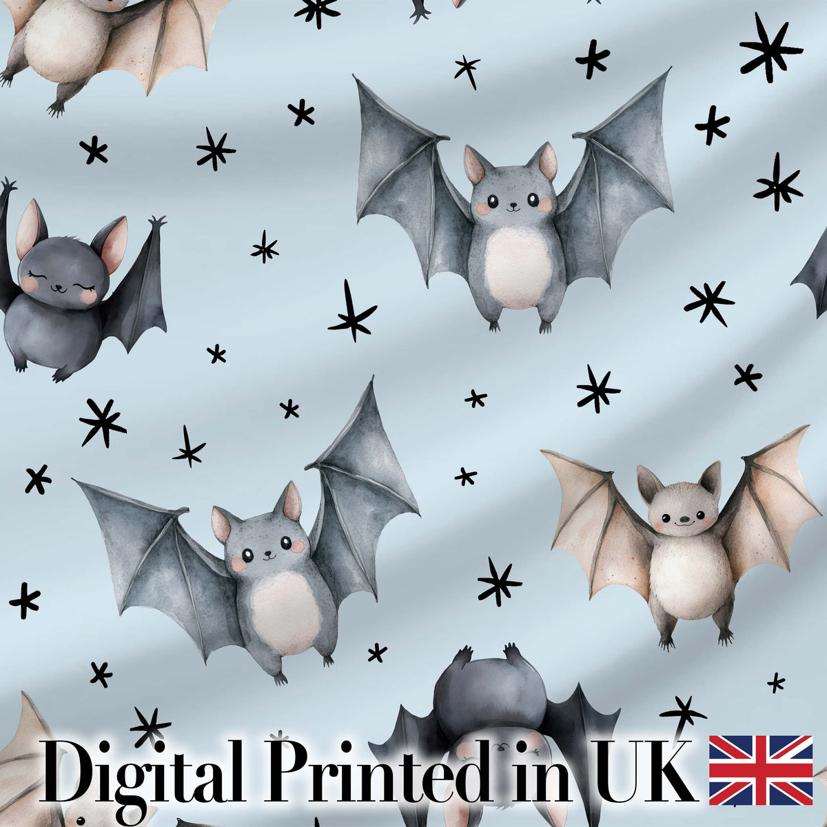 Cute Watercolor Bats and Stars Seamless Pattern Soft Blue Background Digital Print Fabric by the Metre UK Sewing Quilting Textile