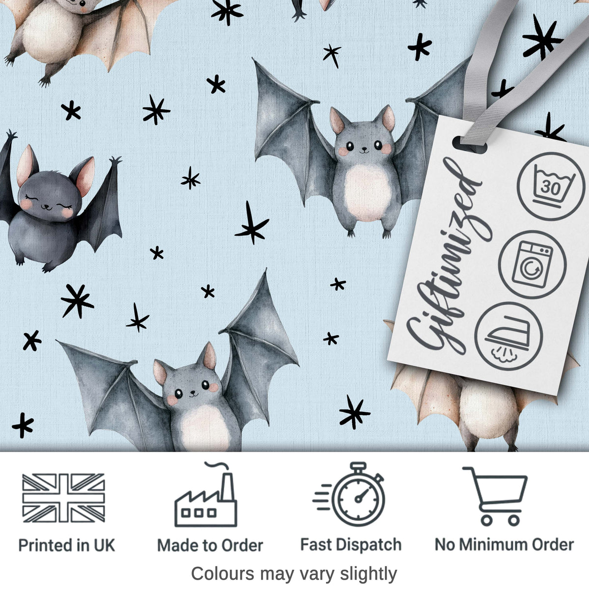 Cute Watercolor Bats and Stars Seamless Pattern Soft Blue Background Digital Print Fabric by the Metre UK Sewing Quilting Textile
