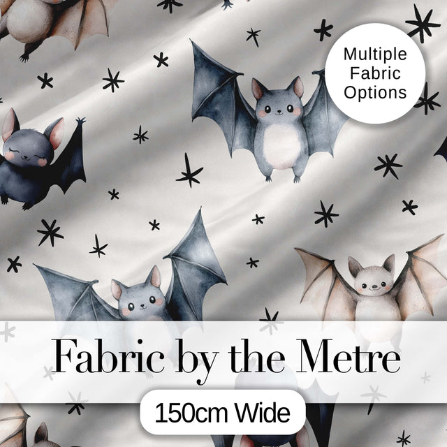 Cute Watercolor Bats and Stars Seamless Pattern Light Neutral Background Digital Print Fabric by the Metre UK Sewing Quilting Textile