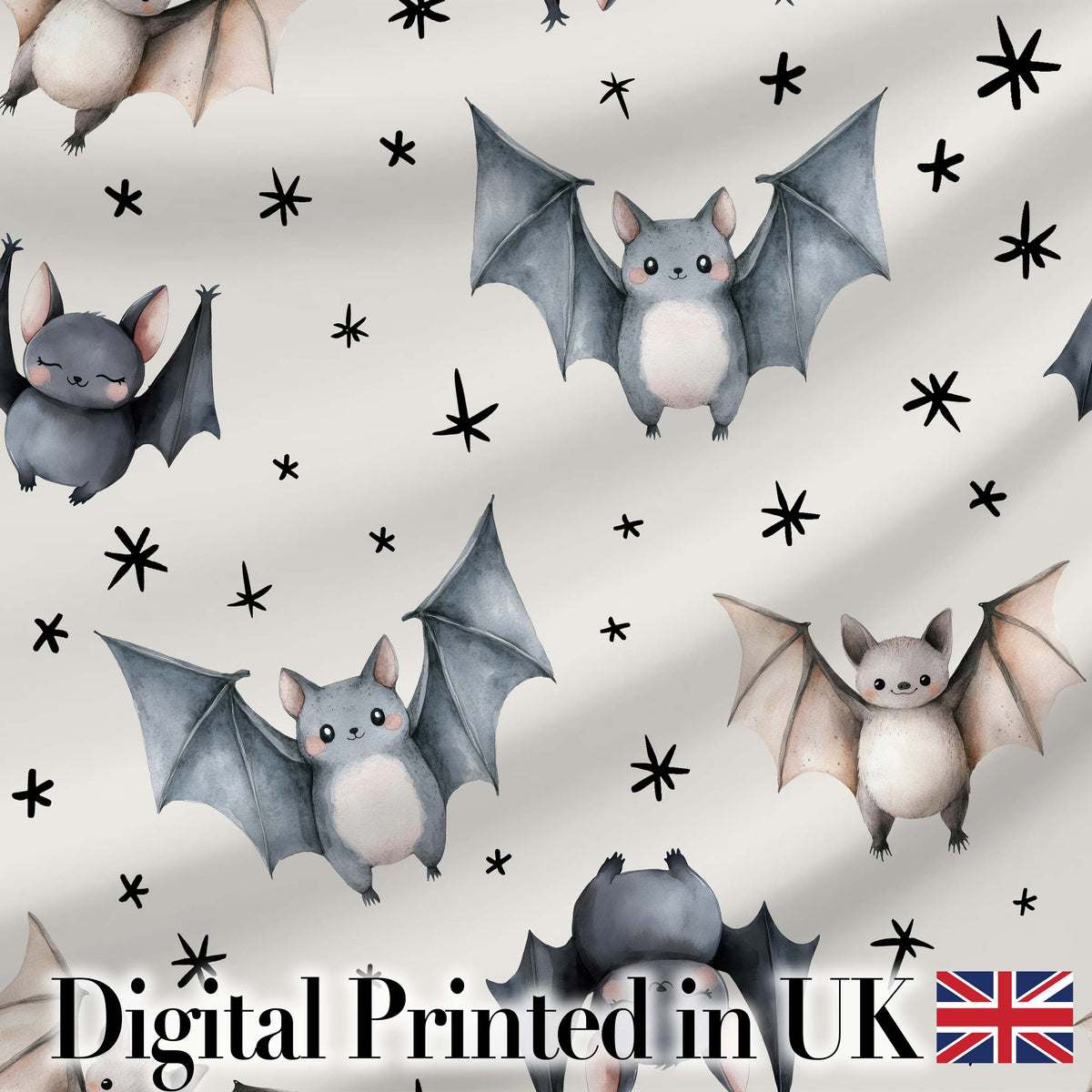 Cute Watercolor Bats and Stars Seamless Pattern Light Neutral Background Digital Print Fabric by the Metre UK Sewing Quilting Textile