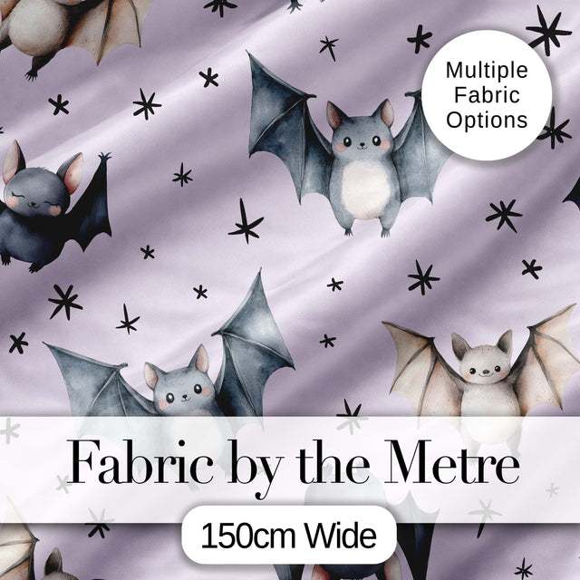 Cute Watercolor Bats and Stars Seamless Pattern Pastel Lilac Background Digital Print Fabric by the Metre UK Sewing Quilting Textile