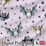 Cute Watercolor Bats and Stars Seamless Pattern Pastel Lilac Background Digital Print Fabric by the Metre UK Sewing Quilting Textile